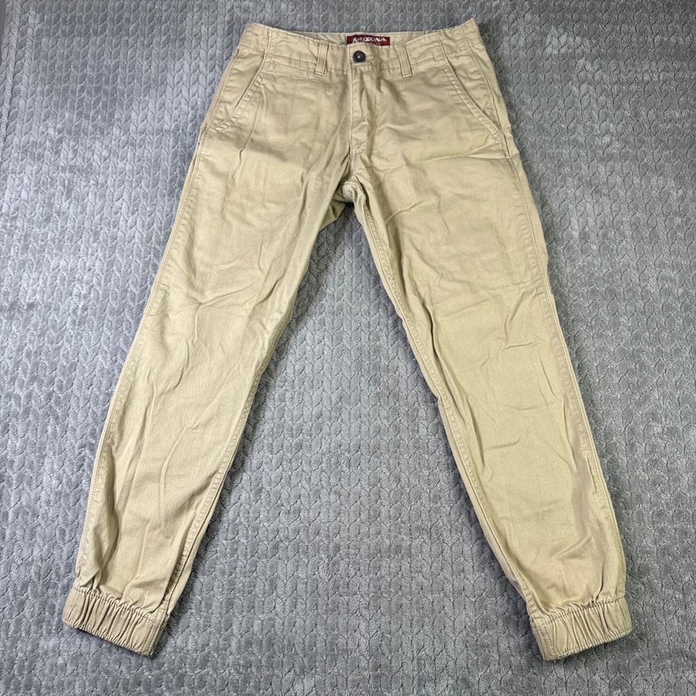 Arizona Jean Co Mens 30 Joggers Khaki Tan Twill Pants Elastic Cuff Slim Fit